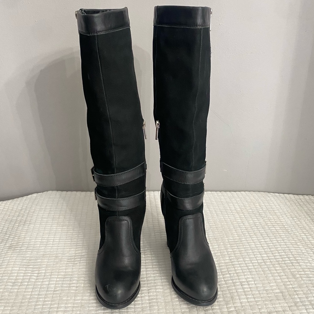 Milana Black Leather Knee High Moto Boots Buckle Block Heel EU 35 US 5 Italy - Picture 5 of 16